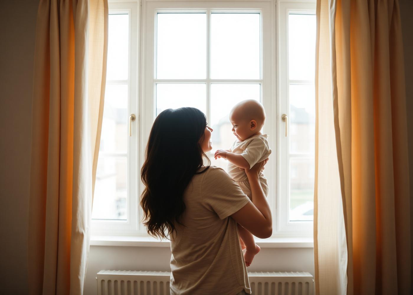 A parent holding a baby in soft window light
