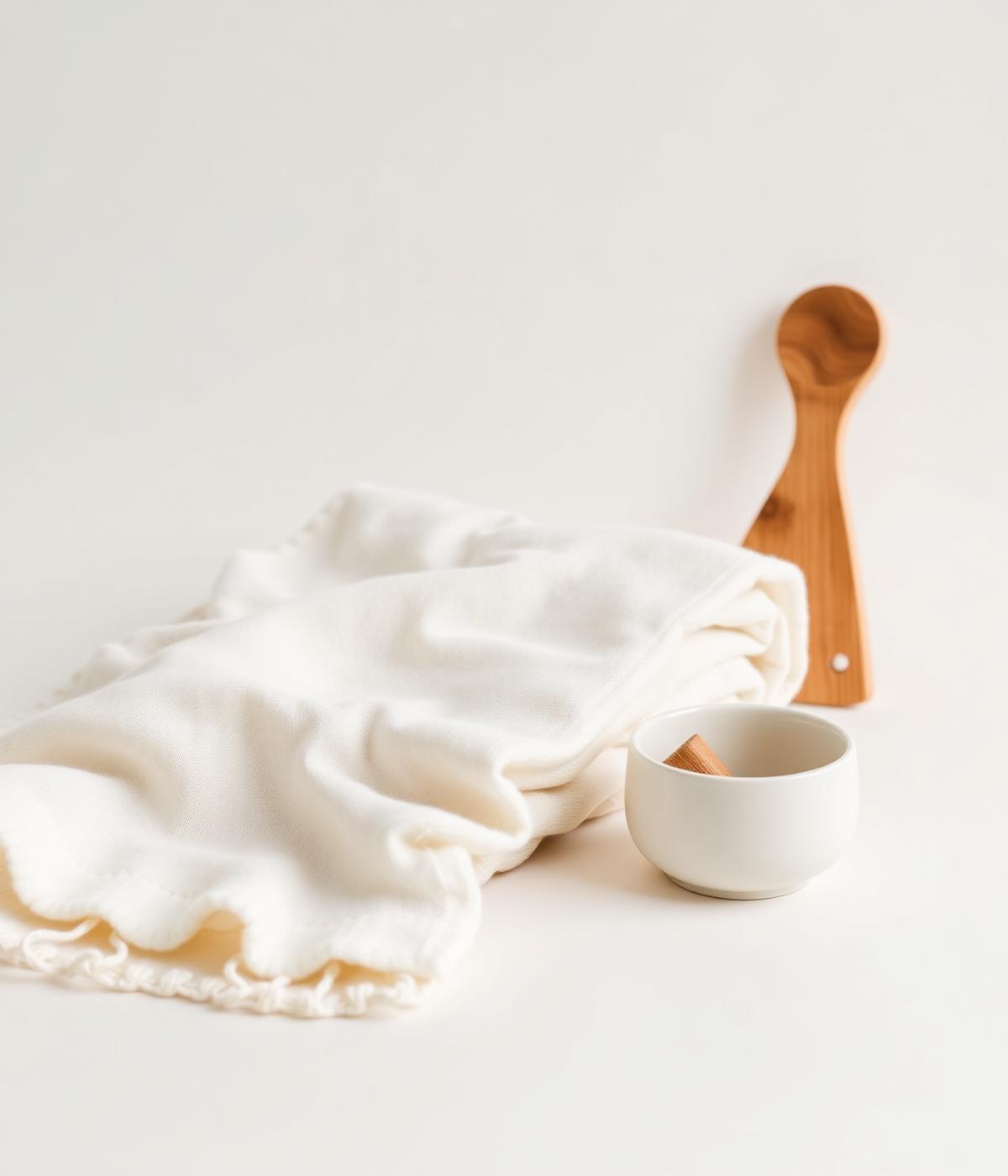 Folded organic blanket with a wooden spoon and ceramic bowl