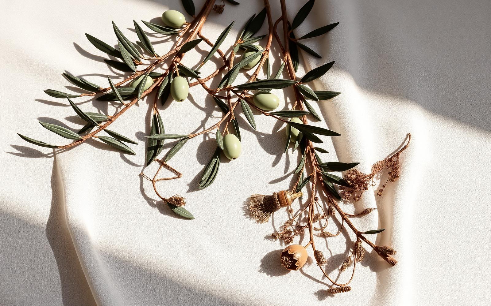Olive branches and natural fibers on cream linen